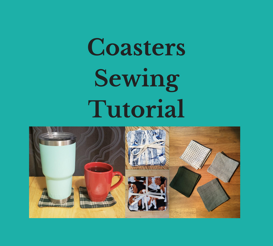 coasters sewing tutorial insulated tumbler coffee mug on fabric beverage coasters square coasters tied with ribbon and laying loose on table different patterns